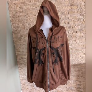Y2K Frenchie Dark Angel Cherub Graphic Brown Full Zip Streetwear Hoodie Sz M